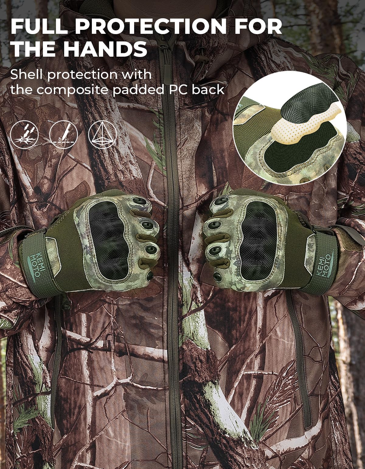 KEMIMOTO Camo Tactical Gloves for Men, Touchscreen Motorcycle Gloves with Hard Shell & Palm Padding for Sports Motorcycle Tactical Airsoft Paintball Hunting Hiking Camping Climbing (Camo,Large)