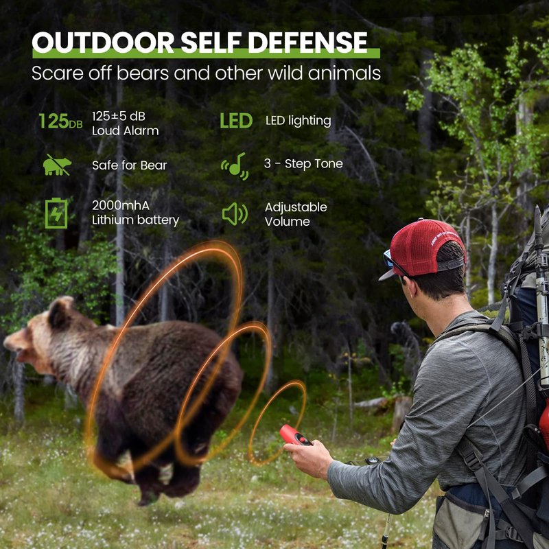 UNIWA Electronic Air Bear Horn, 120±5 dB Loud Air Horn for Safety Hiking Camping Emergency Whistle with Compass & Retractable Hook, Bear Horn to Scare Bears - Self Defense for Hiking -Red