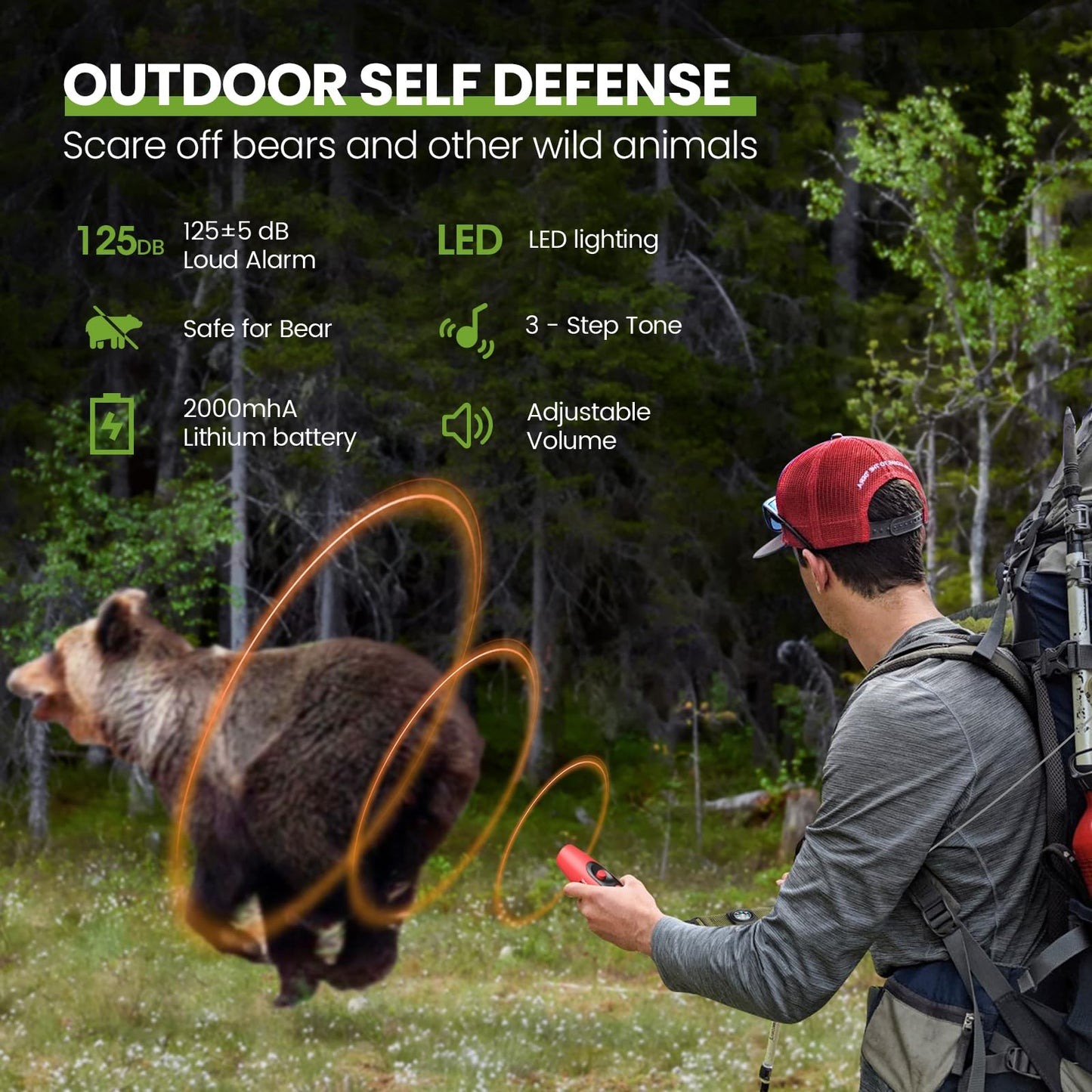 UNIWA Electronic Air Bear Horn, 120±5 dB Loud Air Horn for Safety Hiking Camping Emergency Whistle with Compass & Retractable Hook, Bear Horn to Scare Bears - Self Defense for Hiking -Red