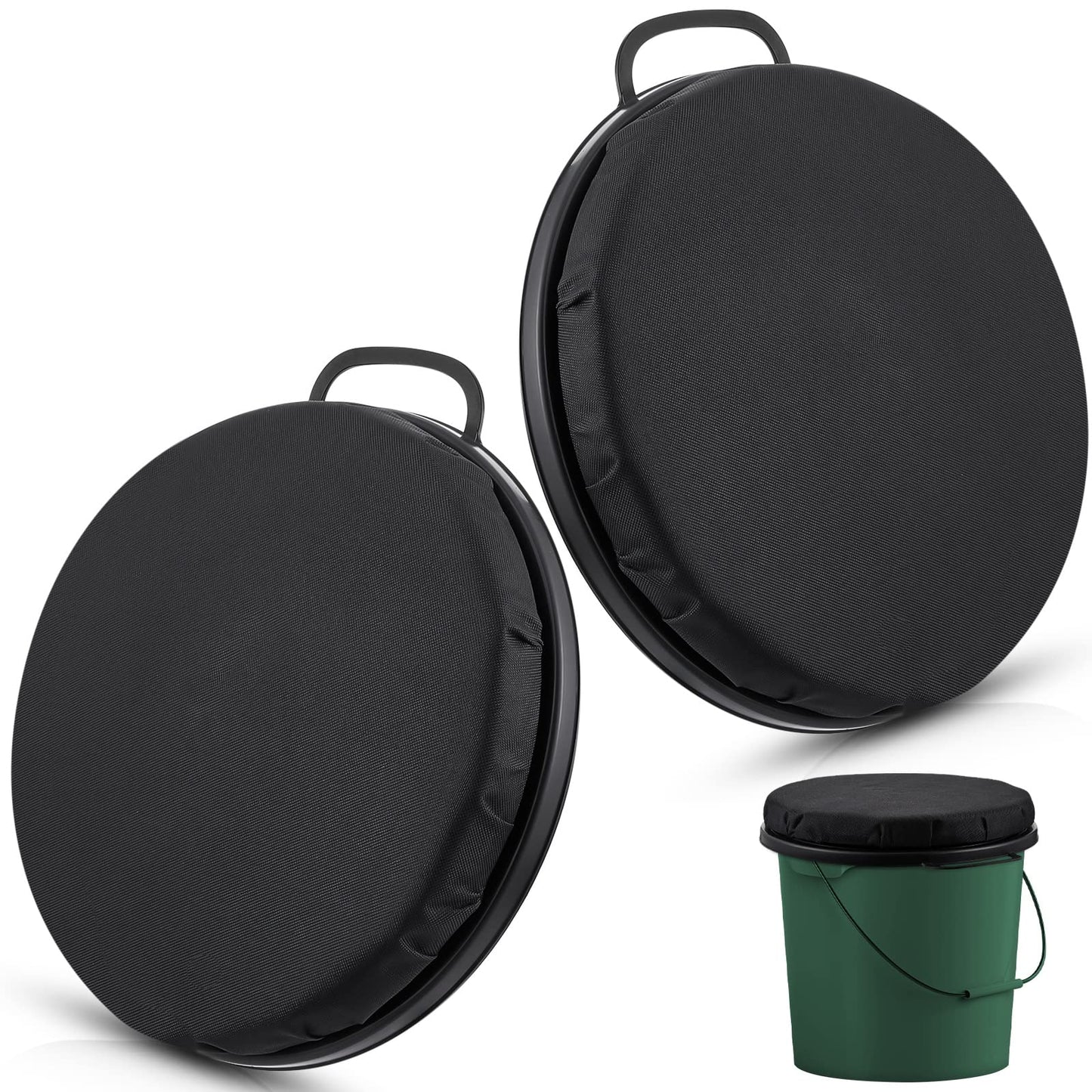 Lewtemi 2 Pack 5 Gallon Bucket Seat Lid with 360° Swivel, 2" Thick Waterproof Padded Cushion Cover with Handle for Fishing Camping Baseball Duck Hunting Gardening Outdoor Sports(2 Inch Thick,Black)