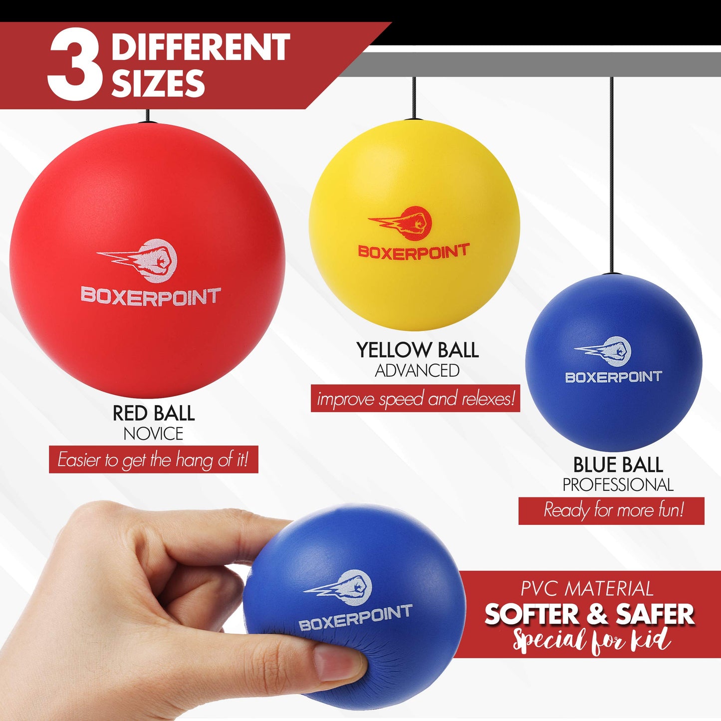 Boxerpoint Kids Boxing Reflex Ball – Boxing Ball Headband Boxing Games with 3 Skill Levels & Included Kids Boxing Wraps – Hand Eye Coordination Training Boxing Equipment for Kids (Kids)