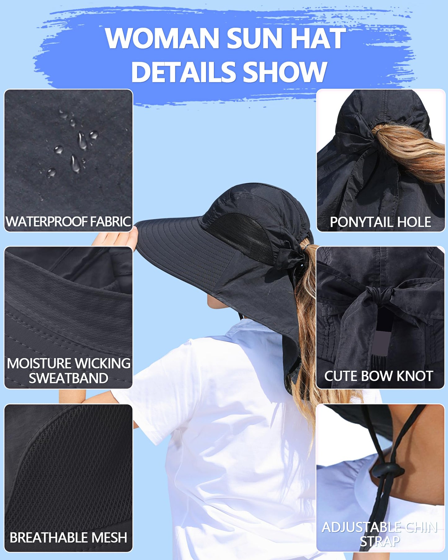 SENWAI Womens Sun Hat Outdoor UV Protection Wide Brim Fishing Hat with Ponytail Hole Neck Flap for Beach Hiking Camping, Black