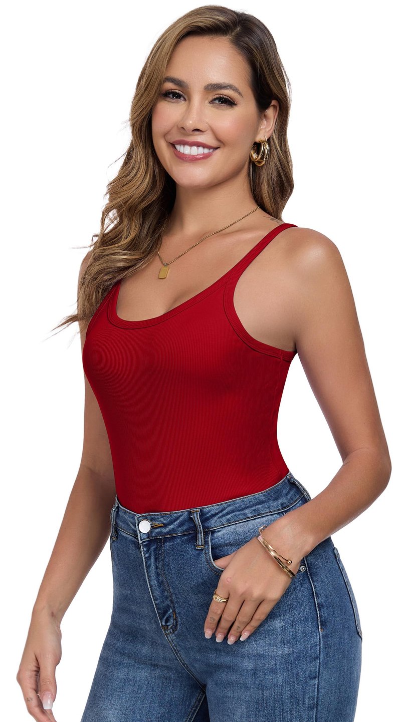 Summer Womens Tank Tops 2025 Scoop Neck Fitted Sleeveless Shirts for Women Ribbed Basic Top Dark Red Large