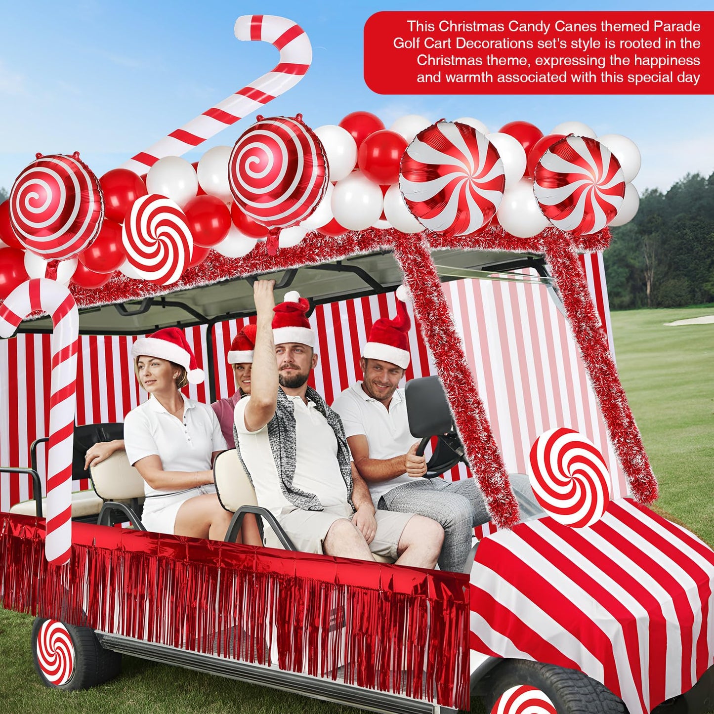 Soulchen 75 Pcs 82 Pcs Christmas Parade Golf Cart Decoration Kit Candy Theme Balloons Garland Arch Fringe Curtains Tinsel Garland Candy Cane PVC Decor for Xmas Golf Cart Party Supplies Decor (Classic)