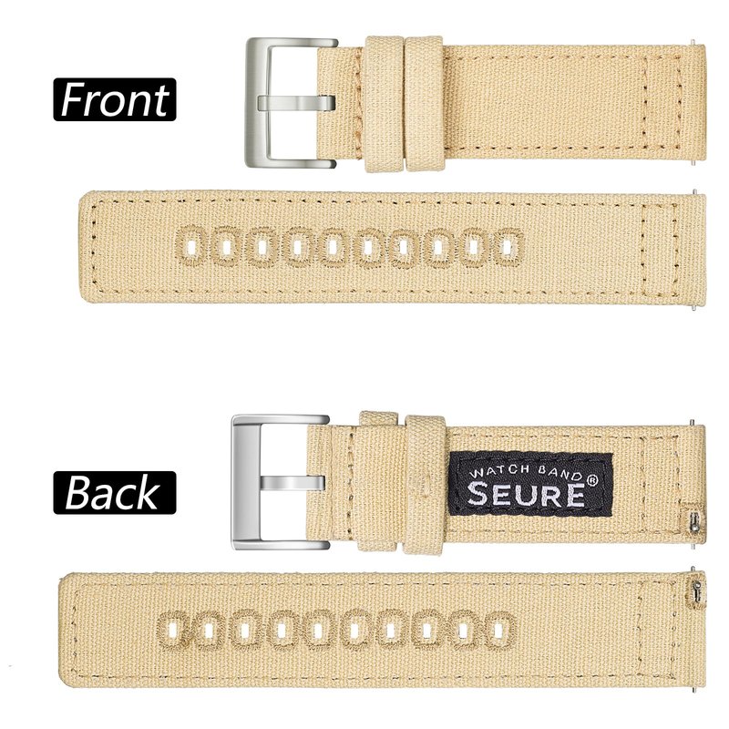 SEURE Canvas Quick Release Watch Band,Cotton Fabric Watch Straps 18mm 19mm 20mm 21mm 22mm 24mm for Men and Women(20,Khaki-silver)