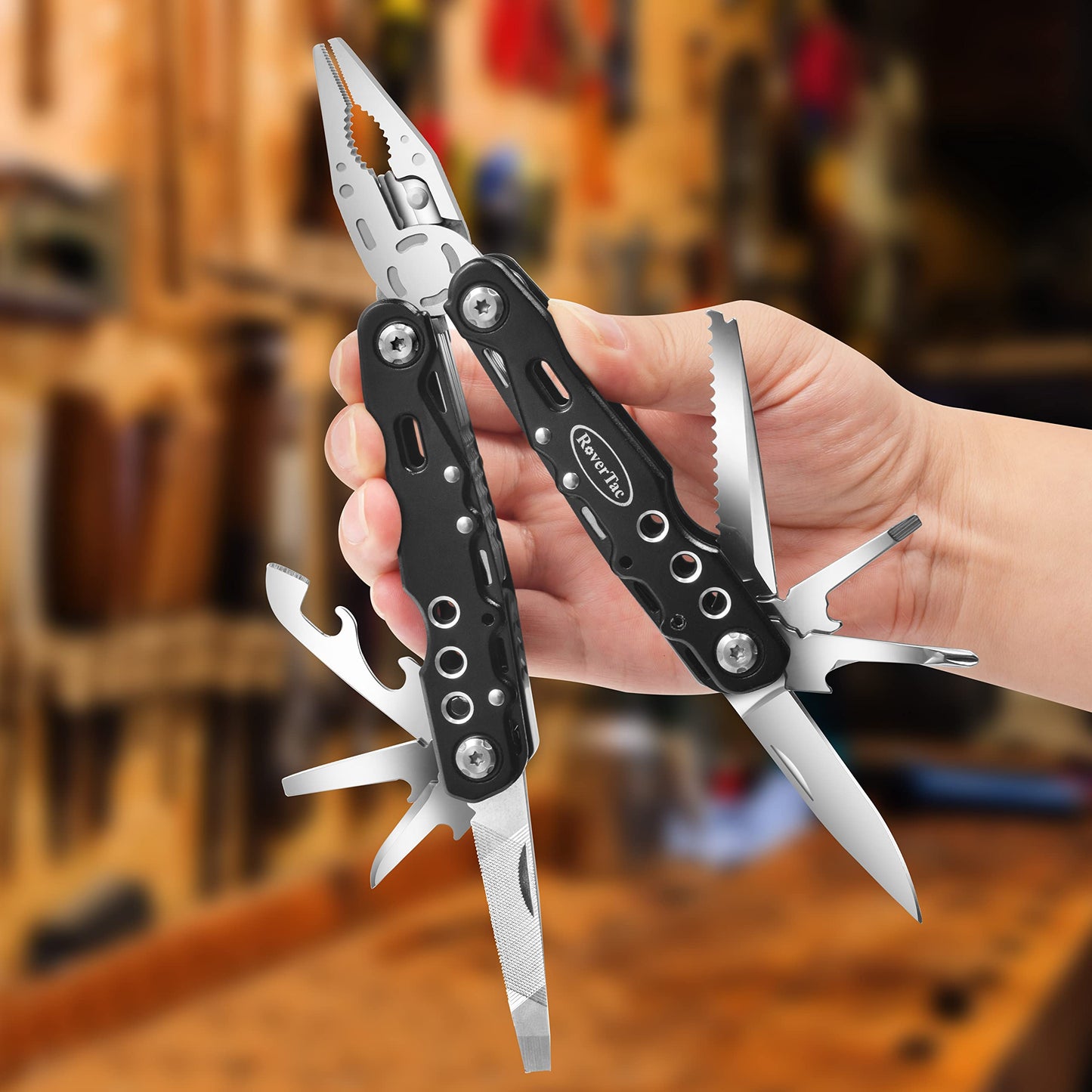 RoverTac Multitool Pliers Pocket Knife Camping Tool Hiking Gear 14 in 1 Multi Tool Knife Pliers Saw Bottle Opener Safety Lock Nylon Sheath Multitool for Camping Survival Hiking DIY Gifts for Men