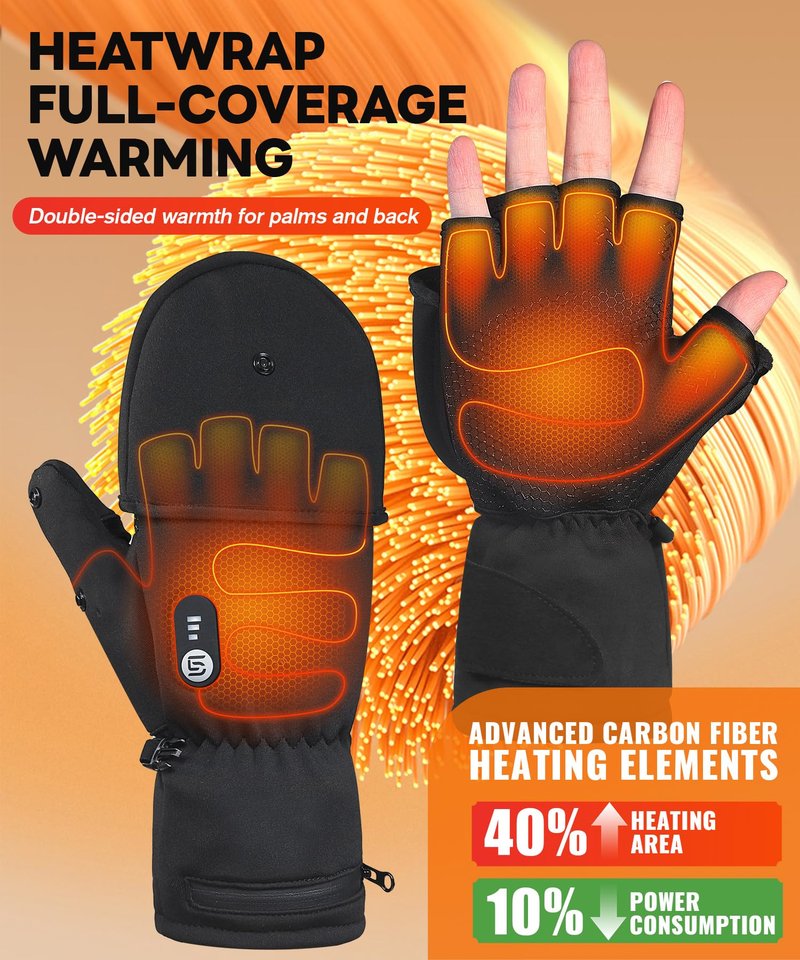 ES Tech Heated Gloves for Men Women Rechargeable with 7.4V 3000mAh Battery Waterproof Fingless Heated Mittens for Winter Work Typing with Light-Off Design