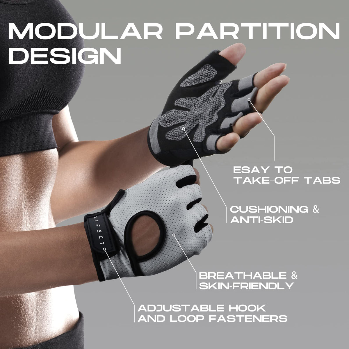LIFECT Breathable Workout Gloves, Knuckle Weight Lifting Fingerless Gym Exercise Gloves with Curved Open Back, for Powerlifting, Crossfit, Women and Men (Grey, Medium)