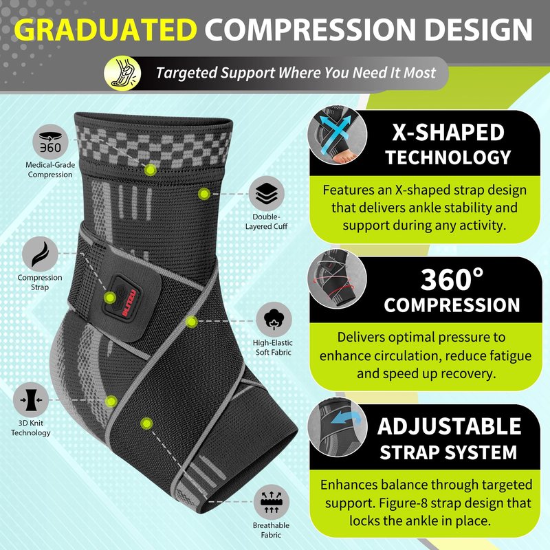 BLITZU Ankle Brace for Women, Men, Plantar Fasciitis Relief, Achilles Tendonitis Brace for Sprained Foot, Ankle Compression Sleeve with Strap Black M