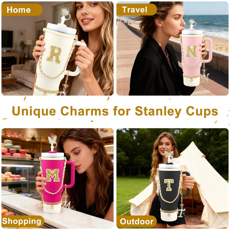 Hpebl 11PCS Gold for Stanley Cup Accessories Set 30/40 OZ Bling Rhinestones Bow Initials Charms for Stanley Decorations Tumbler Accessories Including Butterfly Straw Toppers, Tumbler Boot（Letter M）