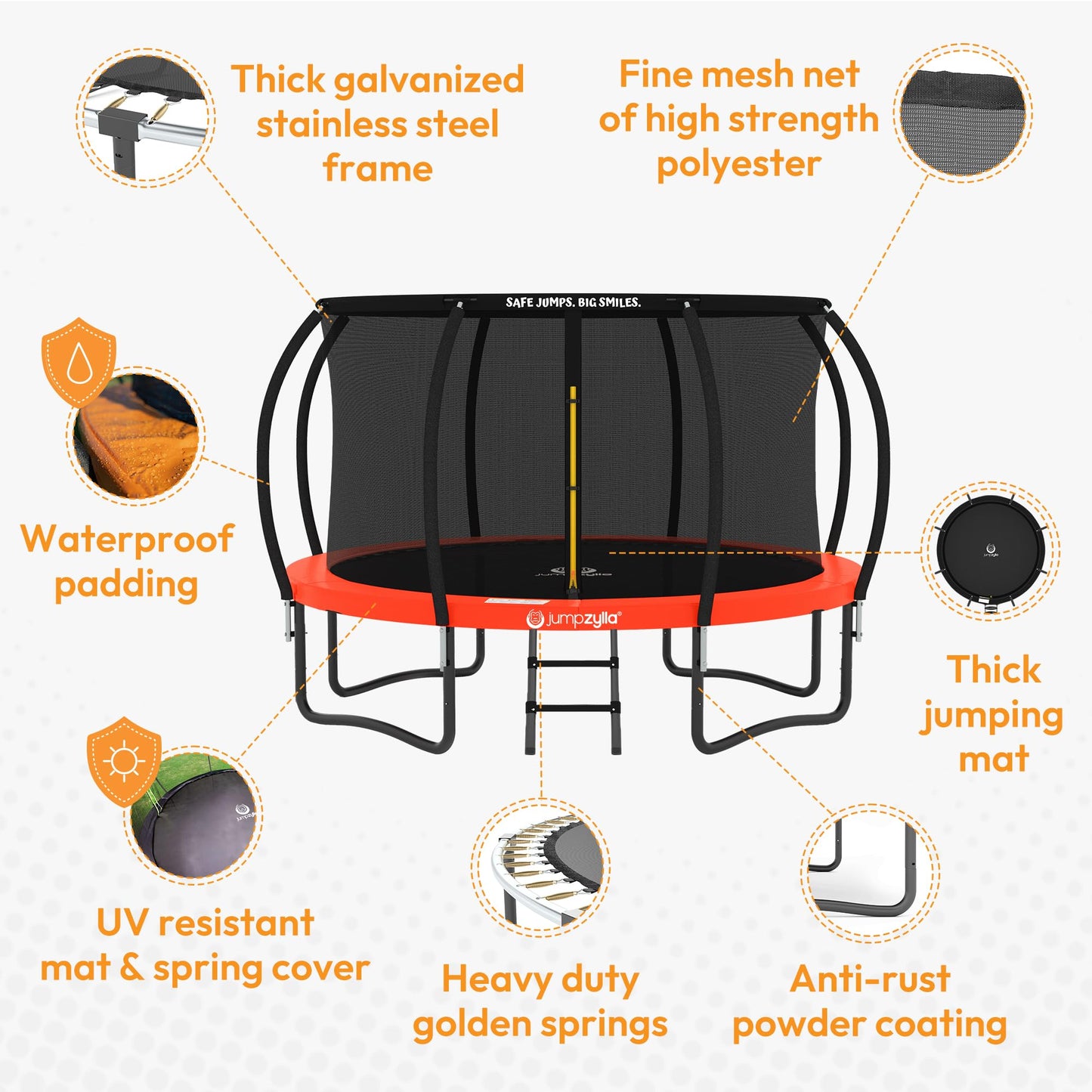 JUMPZYLLA Trampoline Outdoor 8FT 10FT 12FT 14FT 15FT 16FT with Enclosure, Non-Slip Ladder & Anti-Rust Coated Frame, ASTM Approved Recreational Backyard Large Trampoline with Net for Kids & Adults