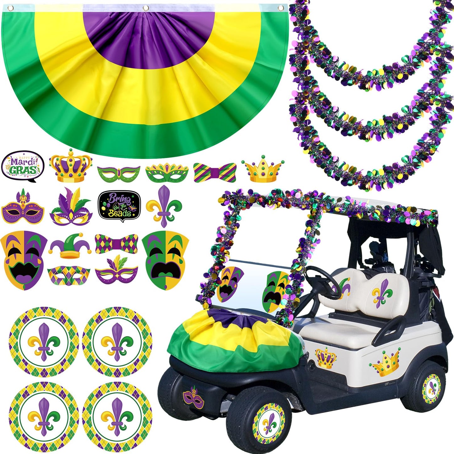 DoubleFill Mardi Gras Golf Cart Decoration Burlap Bunting Flag Purple Green Gold Tinsel Garland Golf Cart Stickers for Mardi Gras Parade Carnival Party Supplies