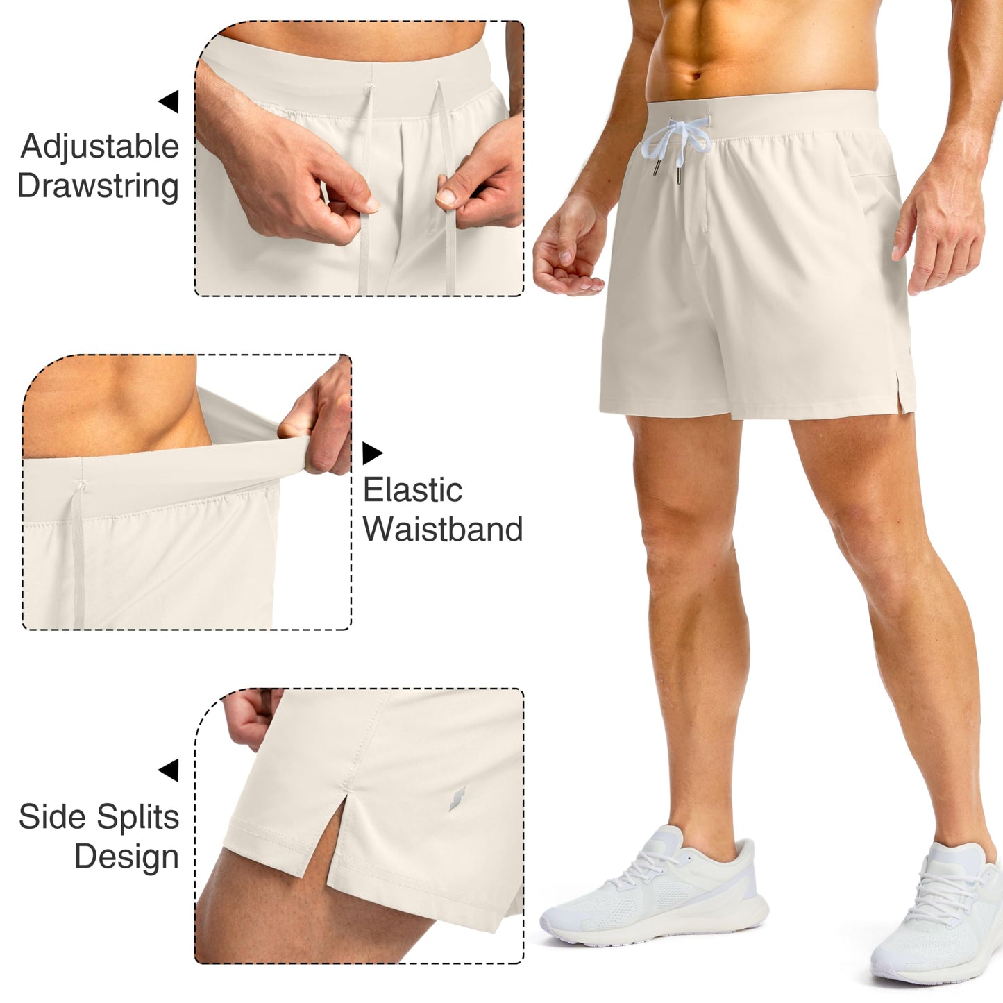 Soothfeel Men's Running Shorts with Zipper Pockets 5 Inch Lightweight Quick Dry Basketball Gym Workout Athletic Shorts for Men (Bone, S)