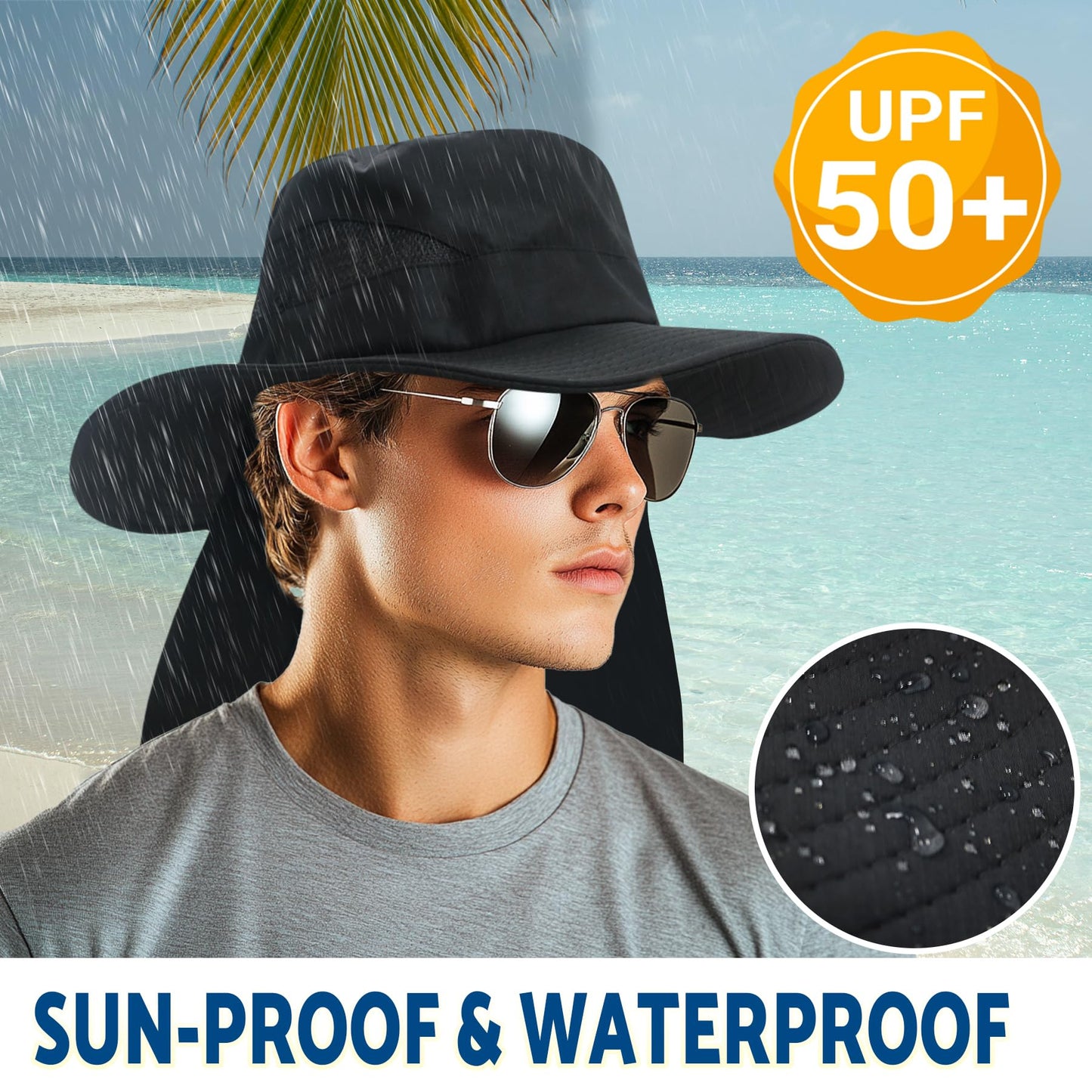 NPJY Sun Fishing Hats with Neck Flap for Men Women UV Sun Protection Safari Hat Wide Brim Bucket Hat Pure Lightgrey