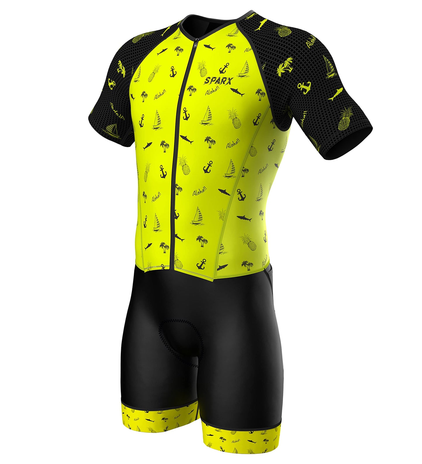 Sparx Sports Mens Elite Aerosuit Triathlon Suit Mens Short Sleeve Tri Suit Skinsuit (Aloha, Small)