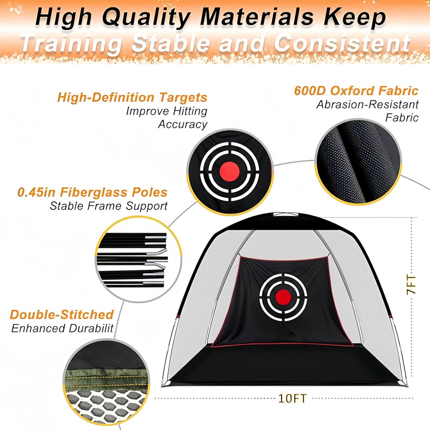 PGL Golf Practice Net - 10x7ft High Impact Knotless Netting with Target Goal and Portable Carry Bag - Driving Hitting Training Aid for Backyard Indoor Outdoor