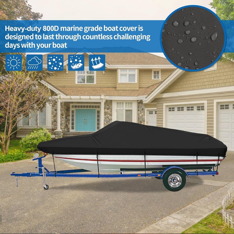 Trailerable Boat Cover - 16'-18.5' Waterproof Heavy Duty for V-Hull, Fishing & Utility Boats | 800D Fabric, 94" Wide