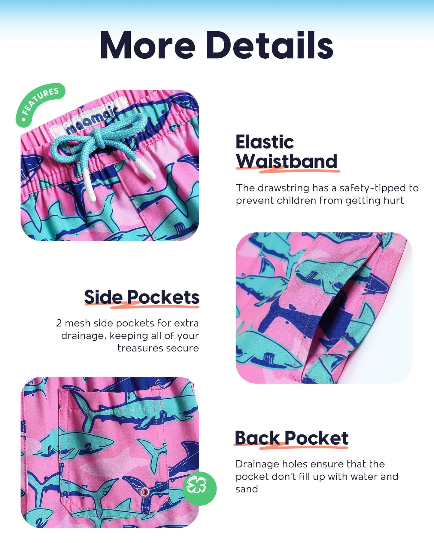 maamgic Boys Swim Trunks with Compression Liner Toddler Stretch Swim Shorts Quick Dry Swimming Trunks Boxer Brief 2 in 1 Beach Shorts Pink Blue Shark 14/16