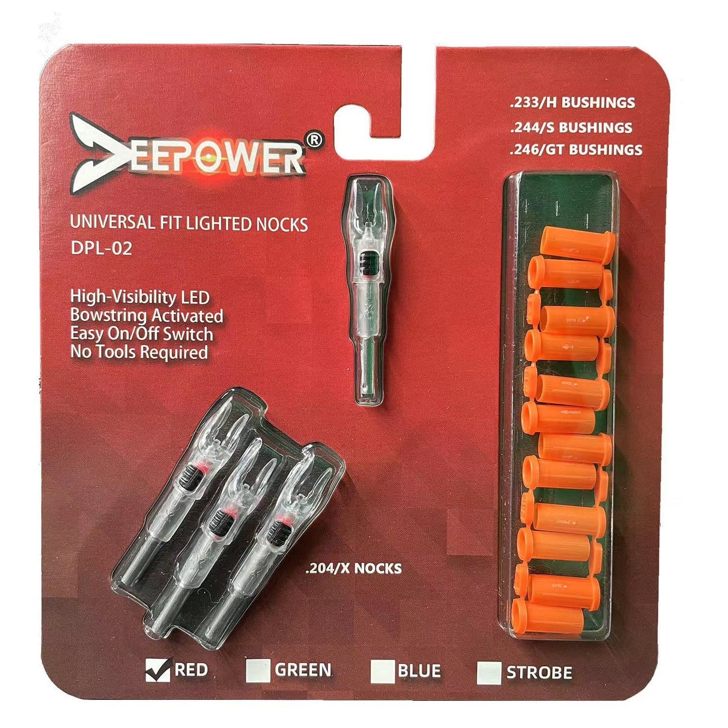 DEEPOWER X Lighted Nocks for Arrows .204”/.233”/.244”/.246” with ON/Off Switch with H, S, GT Bushings