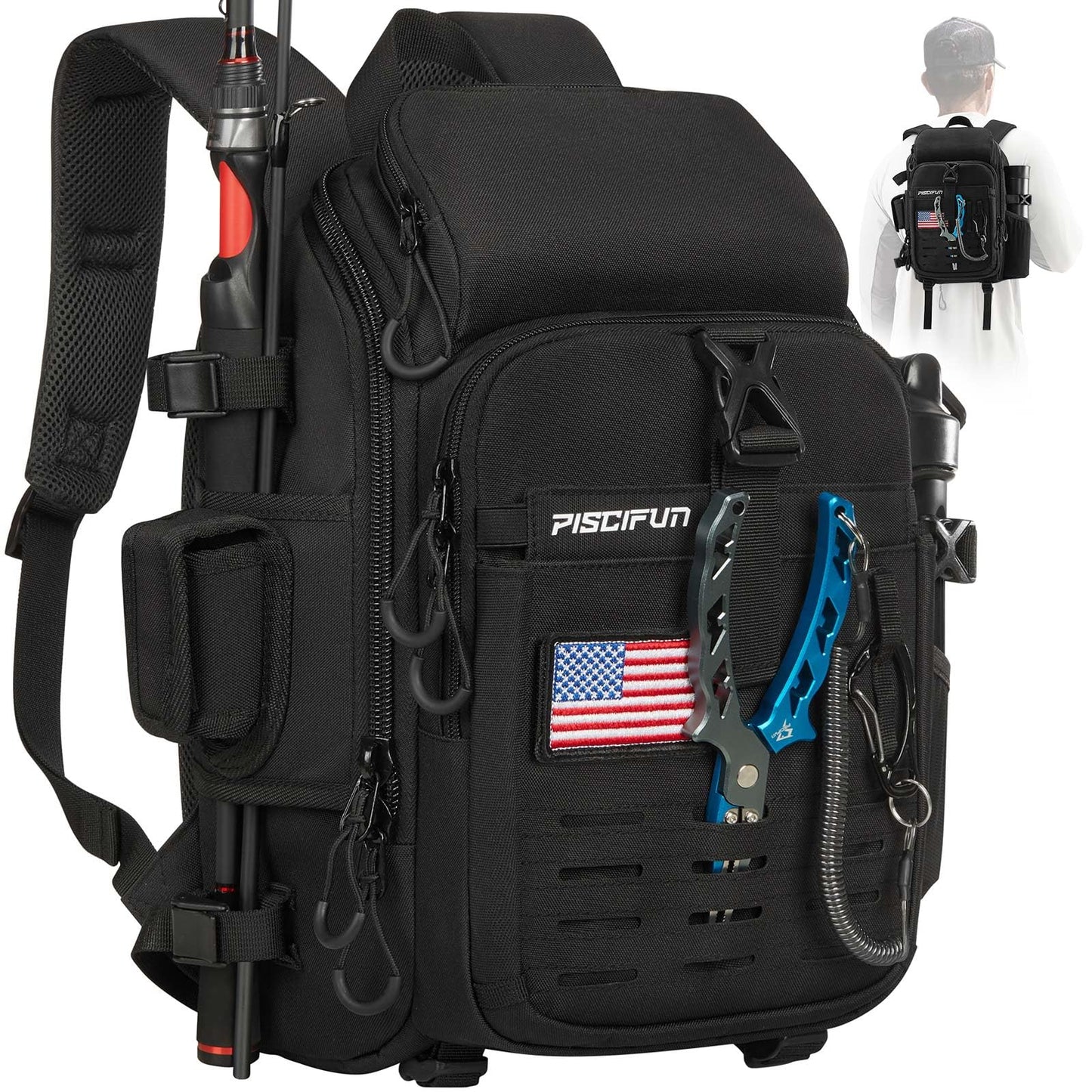 Piscifun Fishing Tackle Backpack with Rod & Gear Holder, Lightweight Outdoor Water-Resistant Fishing Shoulder Storage Bag with Protective Rain Cover, Black
