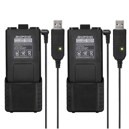 Baofeng 2 Pack UV-5R Battery BF-F8HP Extended Battery BL-5L 3800 mAh with USB-C Charging Cable for UV-5R, BF-F8HP, UV-5X3 Radios High Capacity Ham Radio Rechargeable Batterys
