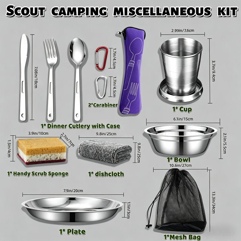 Scout Camping Mess Kits, Stainless Steel Utensils Camping Dinnerware Kit, Boy Scout Dishes Set with Mesh Bag Camping Cutlery Set Easy to Carry Clean for Backpacking, Camping, Hiking and Picnics