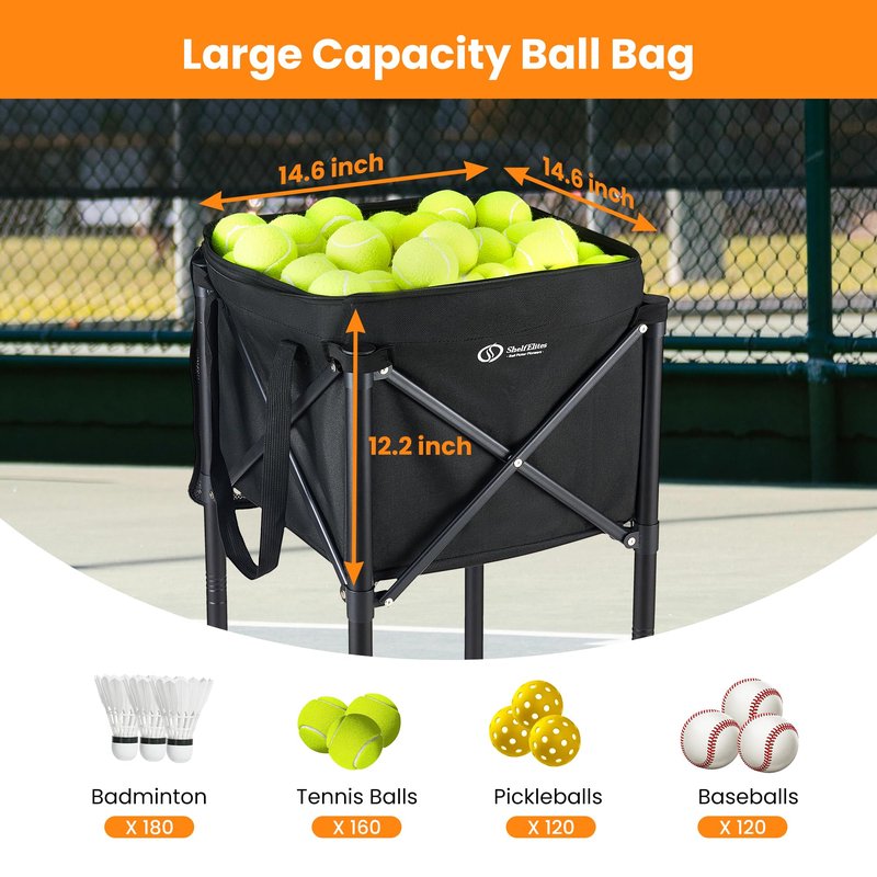 ShelfElites Portable Tennis Ball Hopper & Pickleball Basket, Foldable Tennis Ball Cart with Storage Bag, Multi-Sport Ball Collector for Training & Practice（Big）