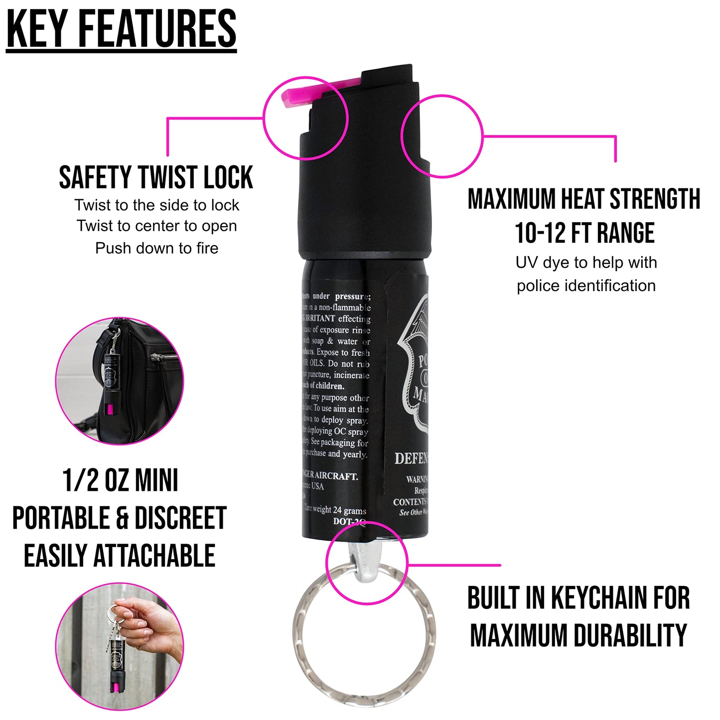 Police Magnum Mini Pepper Spray Self Defense Safety Tool- Strong Built-in Keyring Holder- Small Discreet Canister Case- Made in The USA- 1 Pack 1/2oz HOT Pink Twist Lock Keyring