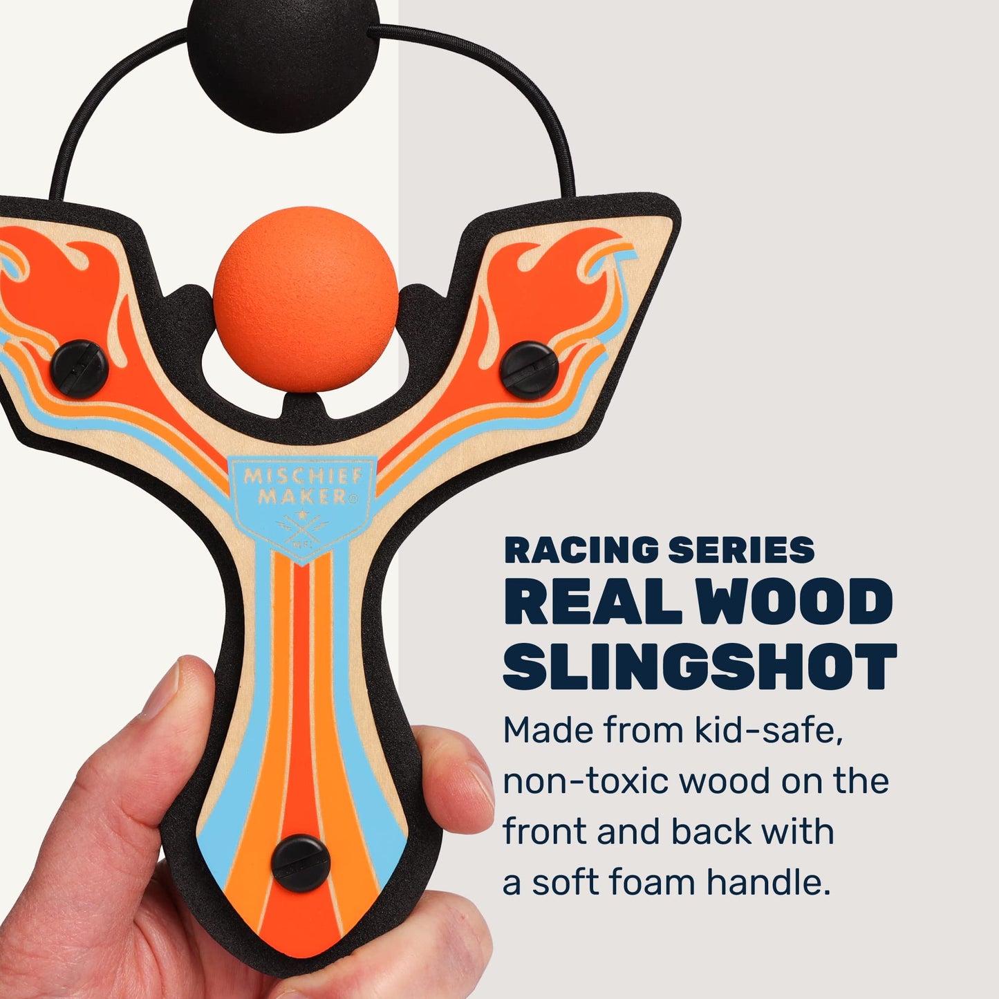 Mighty Fun! - Mischief Maker® Wooden Slingshot - Racing Series - Real Wood Slingshot for Kids, 4 Soft Foam Balls and Storage Bag - Ages 4+ (Orange)