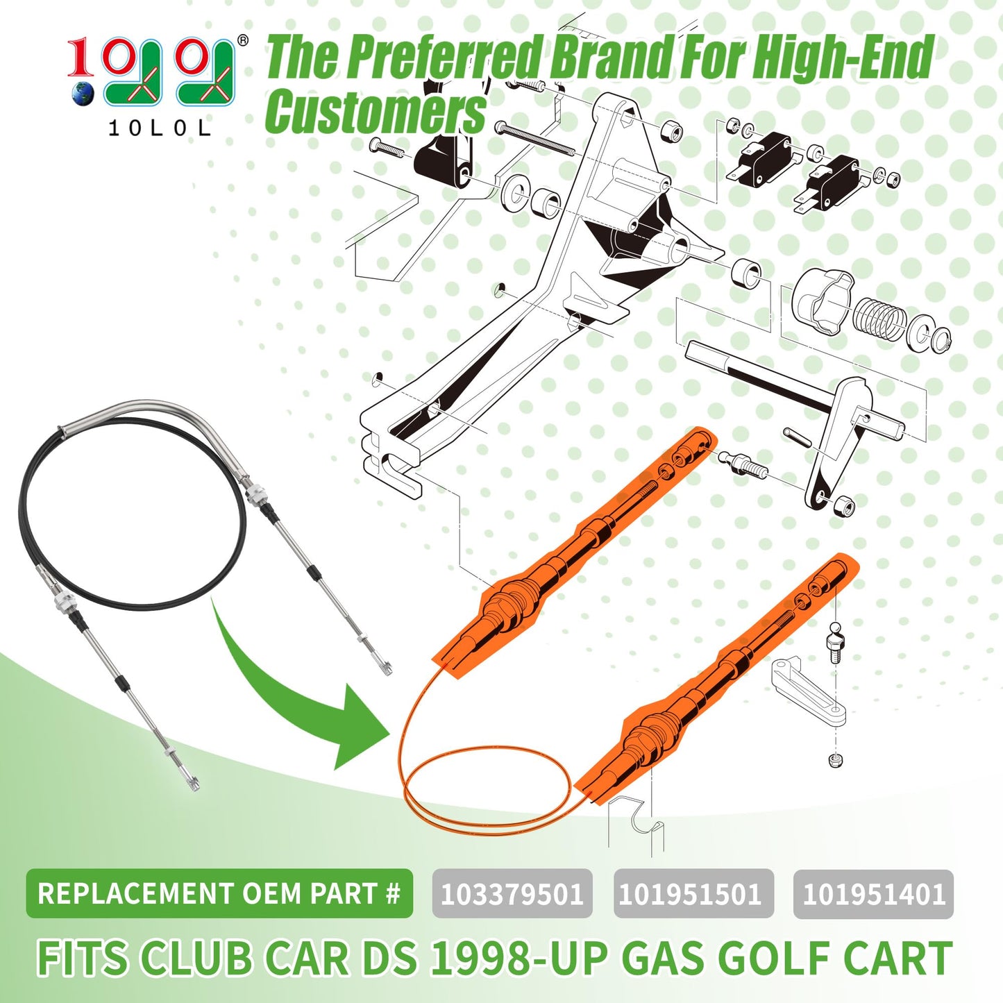 10L0L 68.5" Golf Cart Transmission Shift Forward Reverse Cable for Club Car DS 1998-Up Gas Golf Cart, Replace OEM 103379501 101951501 101951401