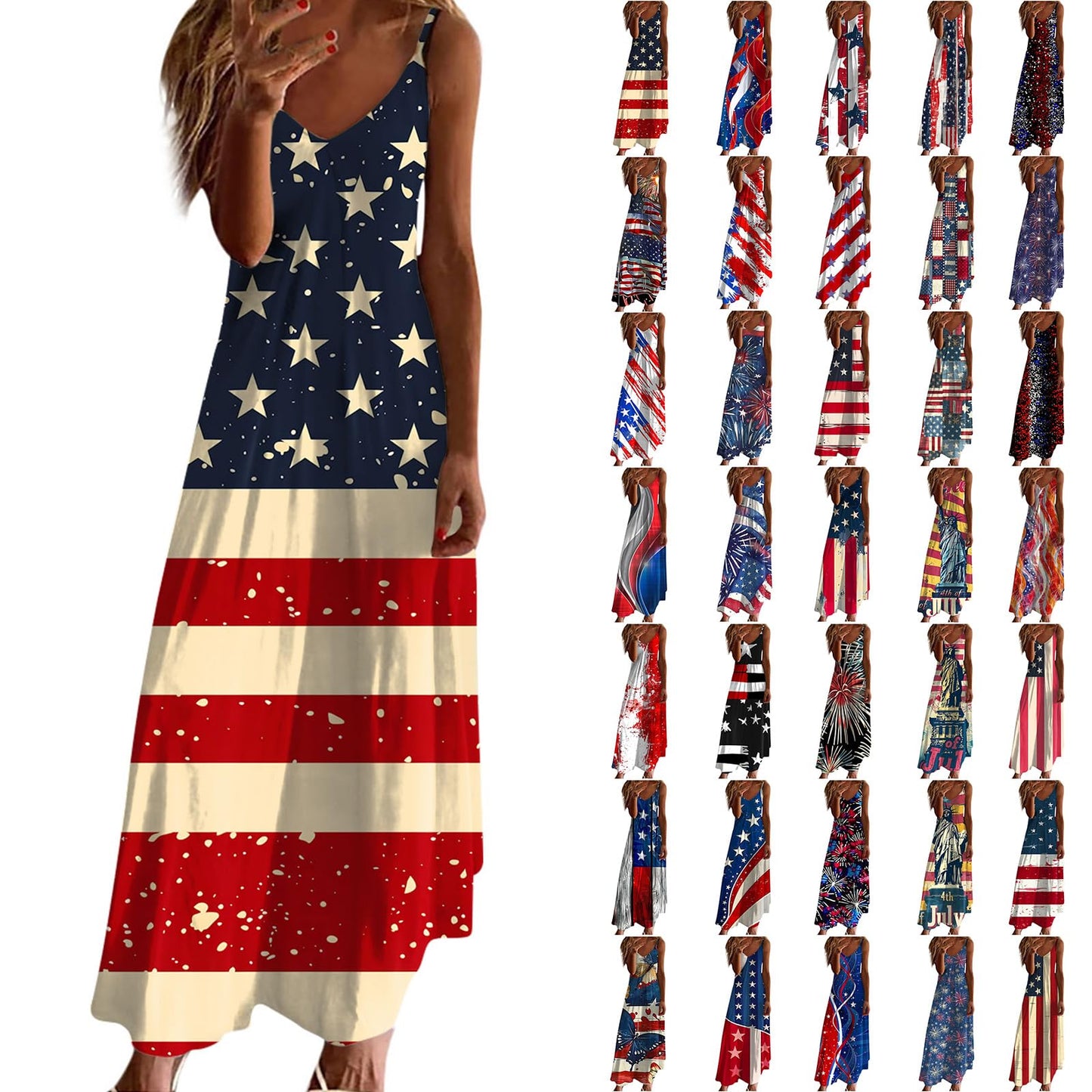 When Is Prime of Day 2024 Summer Dresses for Women 2024 Trendy Stars Strips Printed Sleeveless V Neck Patriotic Sundress 4th of July Maxi Dress