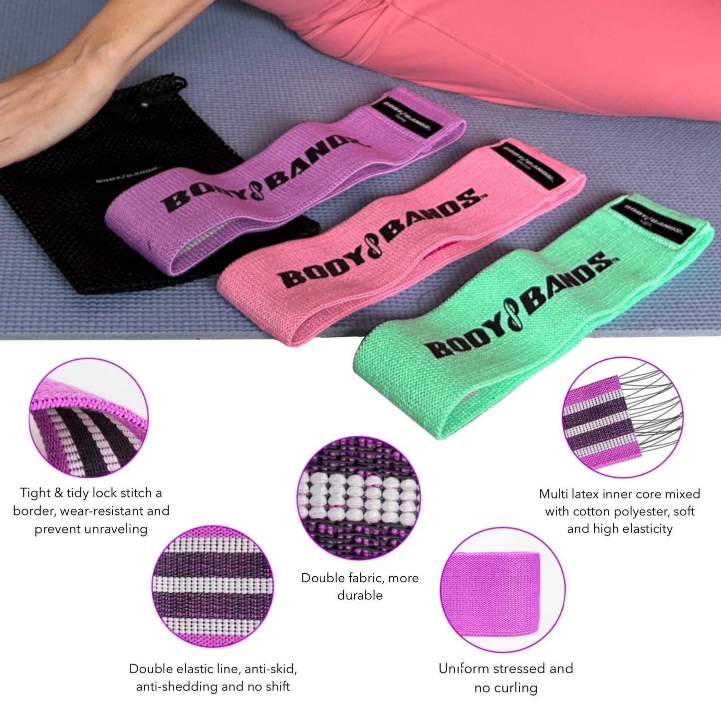 Body Bands, Exercise Resistance Bands, Upper Body Bands, Lower Body Bands, Booty Bands, Fitness Bands, Workout at Home, Anti-Slip Fabric/Cloth Bands, Set of 3 with Carry Bag (Berry)