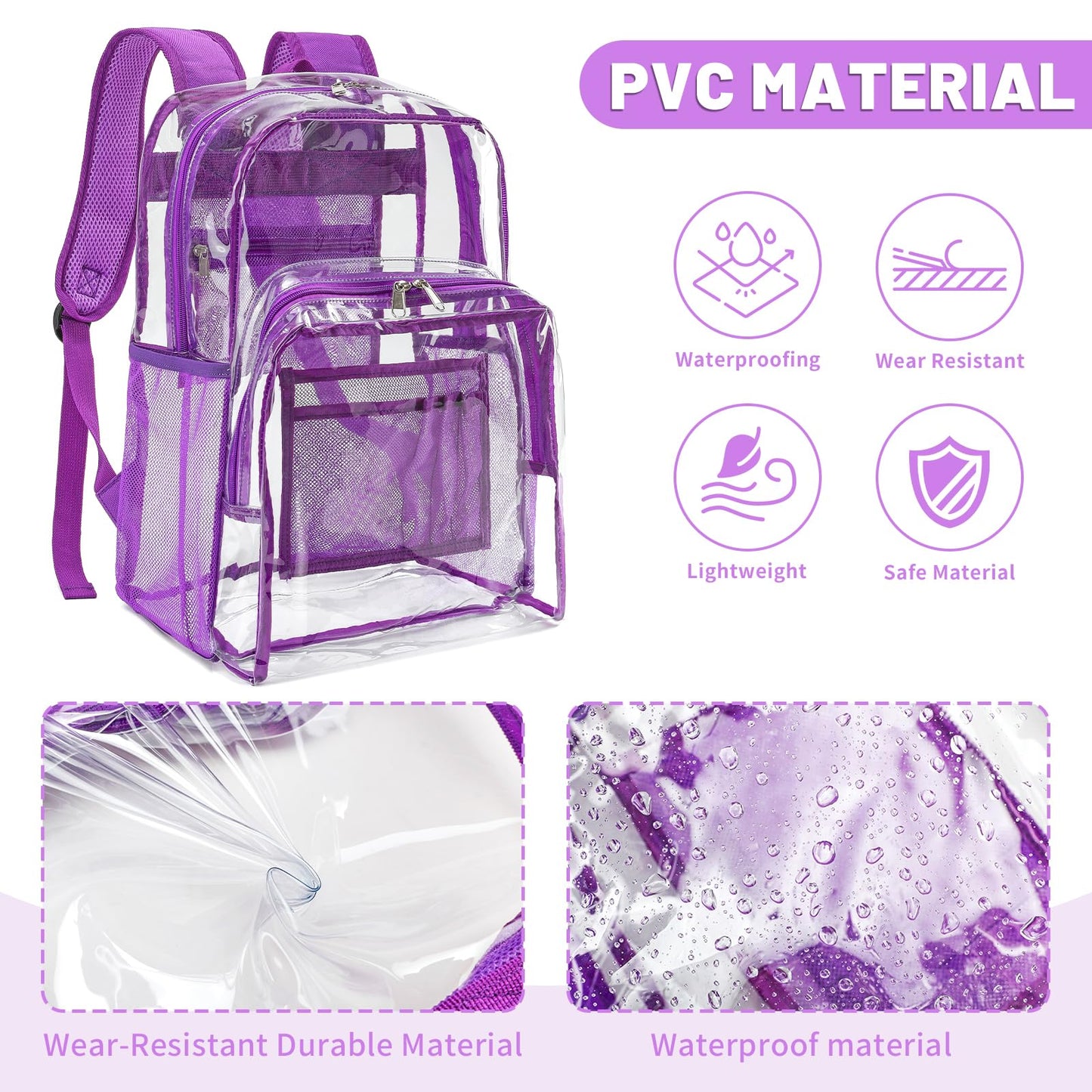 YGR Clear Backpack Heavy Duty PVC Transparent Backpack See Through Large Capacity Multiple Pockets Bookbag for Concert Work Security Travel Festival Purple