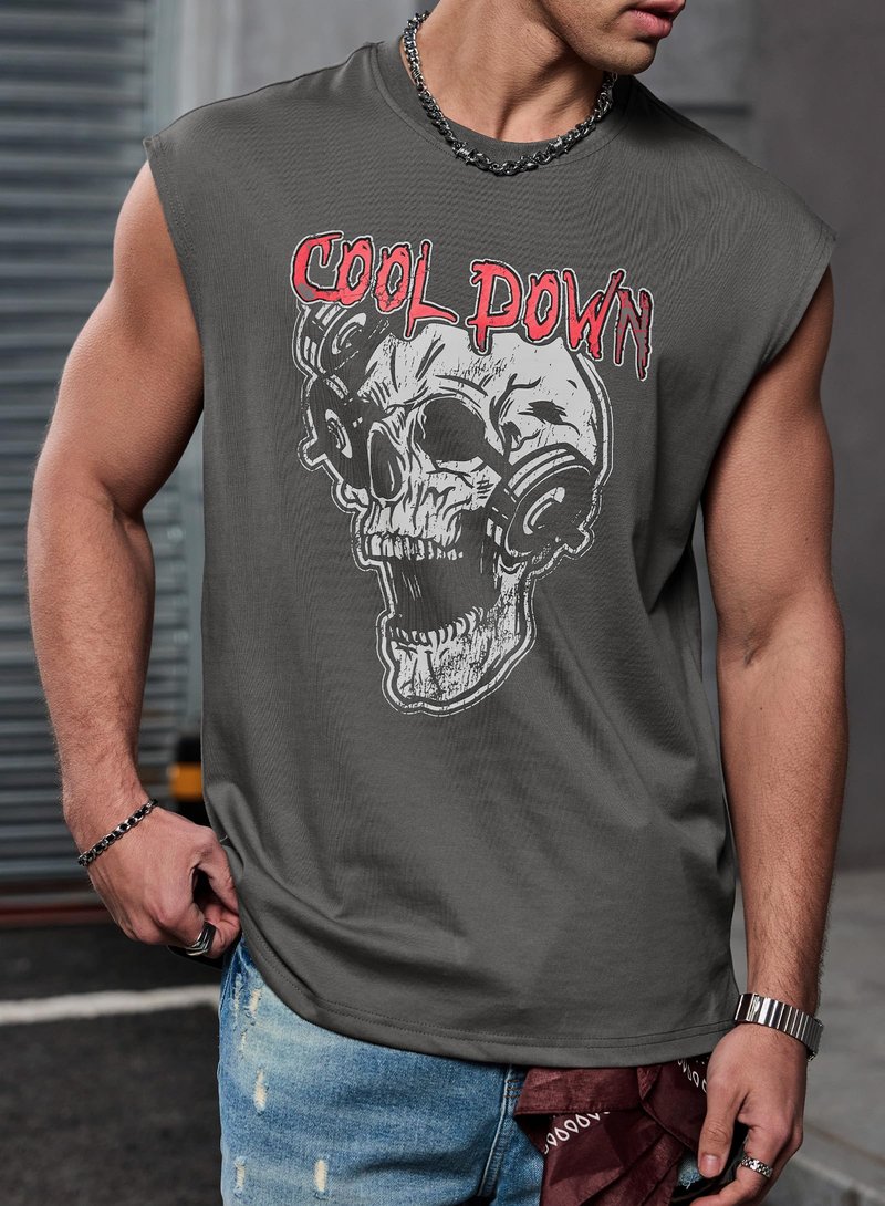 VOGSTART Men Tank Top Loose Fit Designer Tee Summer Cozy Shirts Classic Cut Off Cotton Novelty Gym Soft Sleeveless Graphic Training Sport Exercise Motion Muscle Dark Grey Skull M