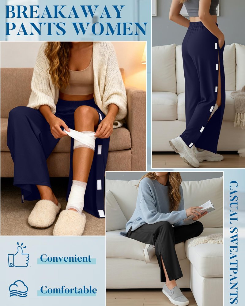 Sweetyweee 2 Pack Women's Tear Away Pants Side Full Open Post Surgery Sweatpants Breakaway Adaptive Casual Pants with Pockets(Navy Blue, Black,Medium)