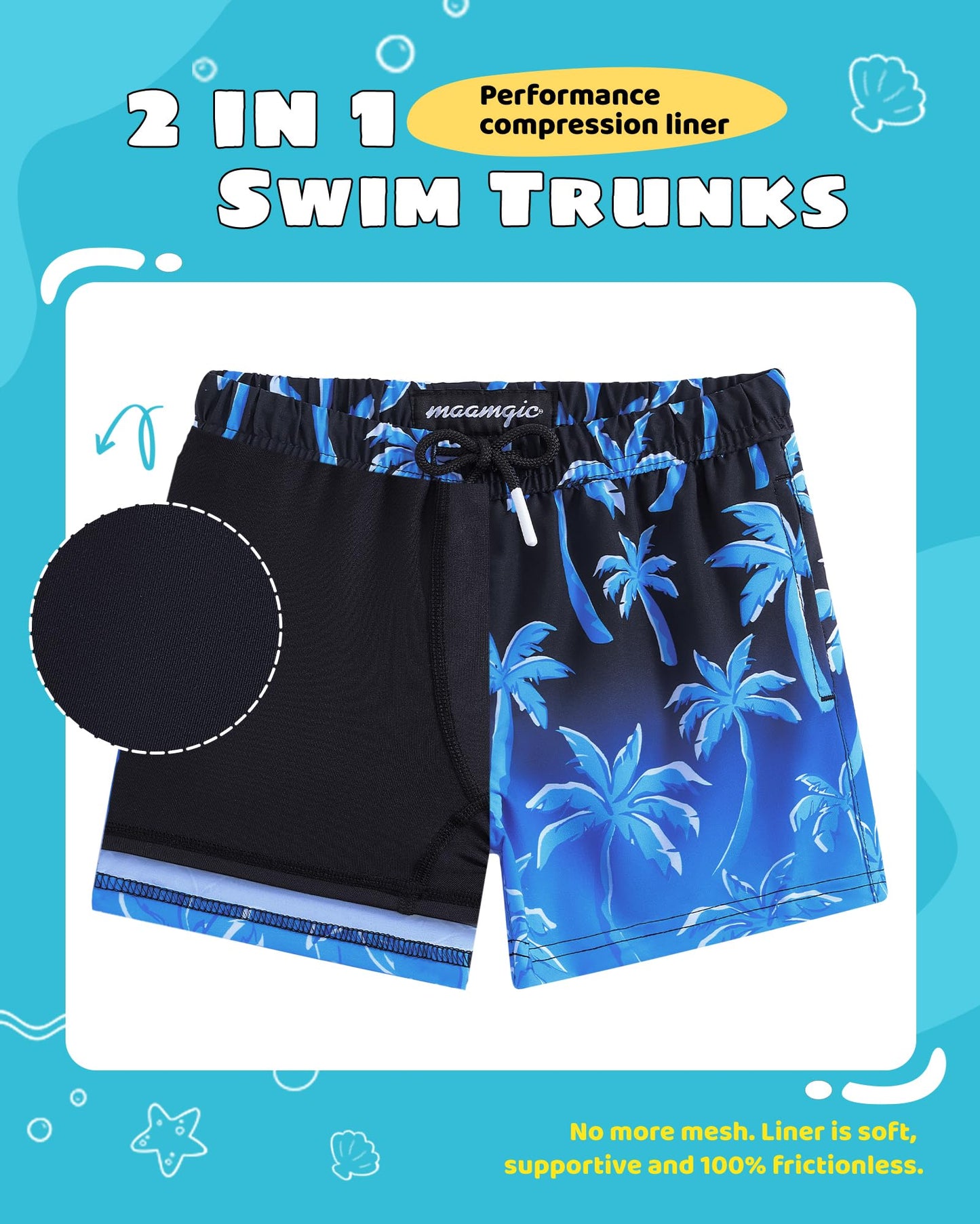 maamgic Boys Swim Trunks with Compression Liner Toddler Stretch Swim Shorts Quick Dry Swimming Trunks Boxer Brief 2 in 1 Beach Shorts Blue Coconut Tree 10/12