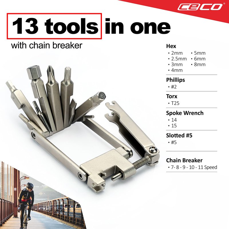 CECO USA 13 Function Bike Tool with Chain Breaker, Bicycle Multi Tool, Ultra Slim, Compact Pocket Sized, Lightweight, High Strength CR-V 6150 Tool Steel, Easy To Carry, Case Pouch Included, Road
