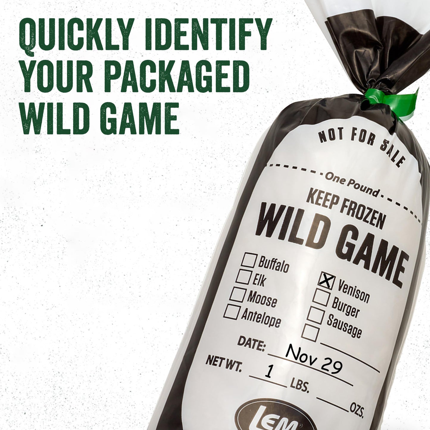 LEM Products 1 lb. Wild Game Bags, Polyethylene, White and Black, 100 Count