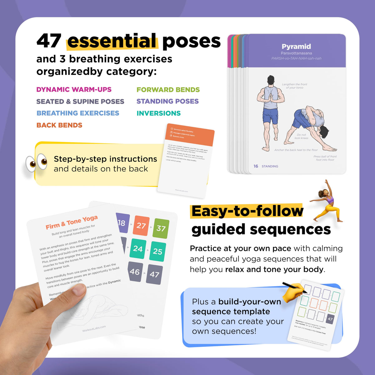 WorkoutLabs Yoga Cards – Beginner: Visual Study, Class Sequencing & Practice Guide with Essential Poses, Breathing Exercises & Meditation · Plastic Flash Cards Deck with Sanskrit