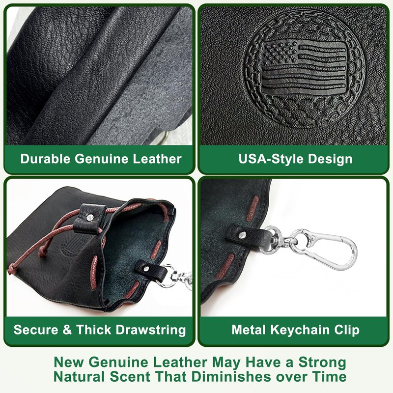 iSamzan Real Leather Golf Tee Bag: USA Golf Ball Bag Pouch with Drawstrings Valuables Pouch for Men - Cool Funny Gifts for Him Golfers Men (Black)