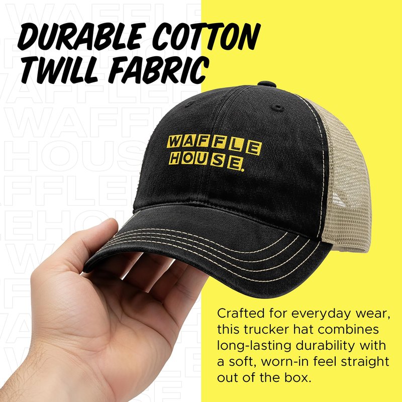Waffle House Trucker Hat for Men – Garment Washed Mesh Back Cap, Relaxed Fit Adjustable Snapback, Soft Cotton Twill Front, Breathable Casual Trucker Hats