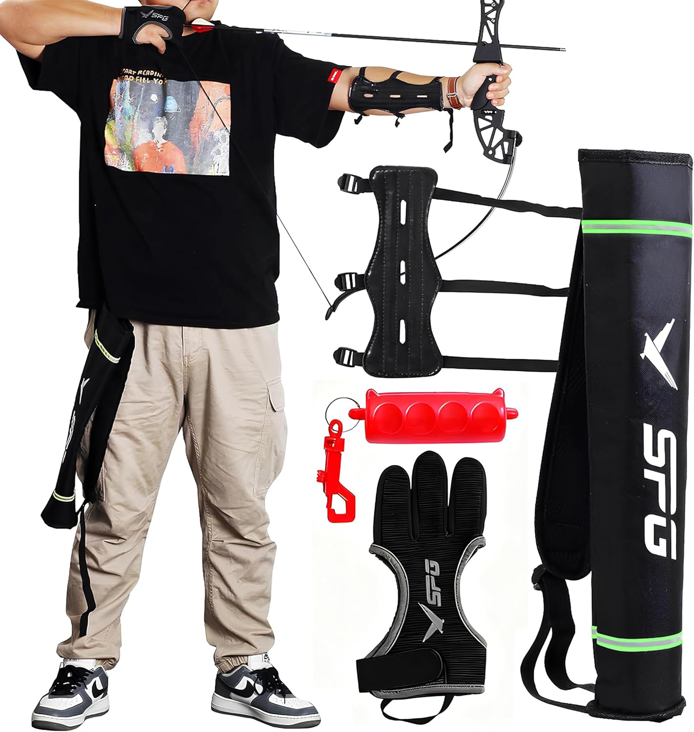 Archery Accessories Set - Leather Arm Guard, 3-Finger Gloves, Quiver & Arrow Puller | Complete Protective Gear Bundle