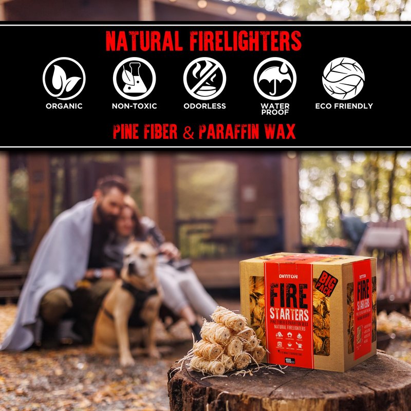 DIMTORI 100 pcs Fire Starter - Natural Fire Starters for Campfires, Fire Pit, Pizza Oven, Fireplace, Smoker, BBQ, Pellet Stove & Wood - Fire Starters for Grill, Charcoal Starter