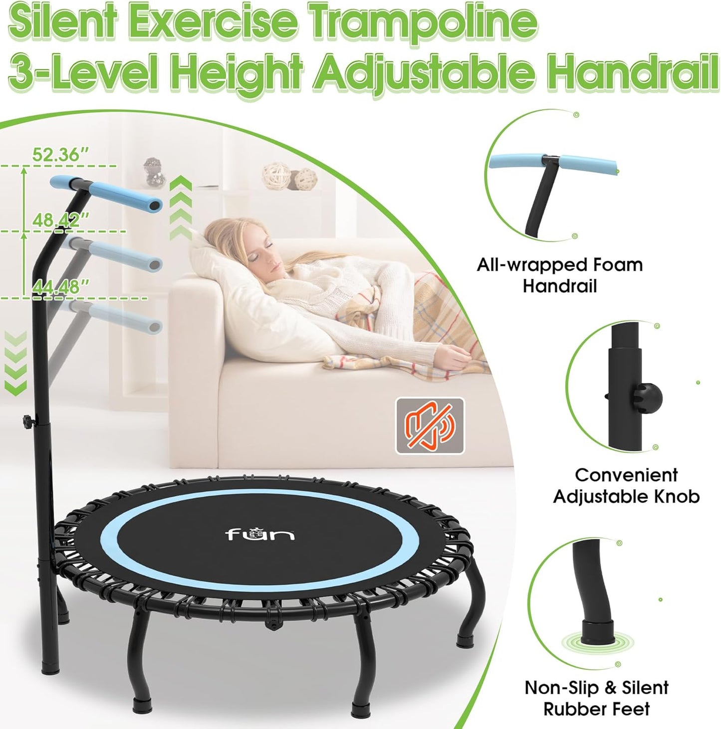 Mini Rebounder Indoor Fitness - 48” Foldable Rebounder with Adjustable T-Bar Handle | Supports 330LBS