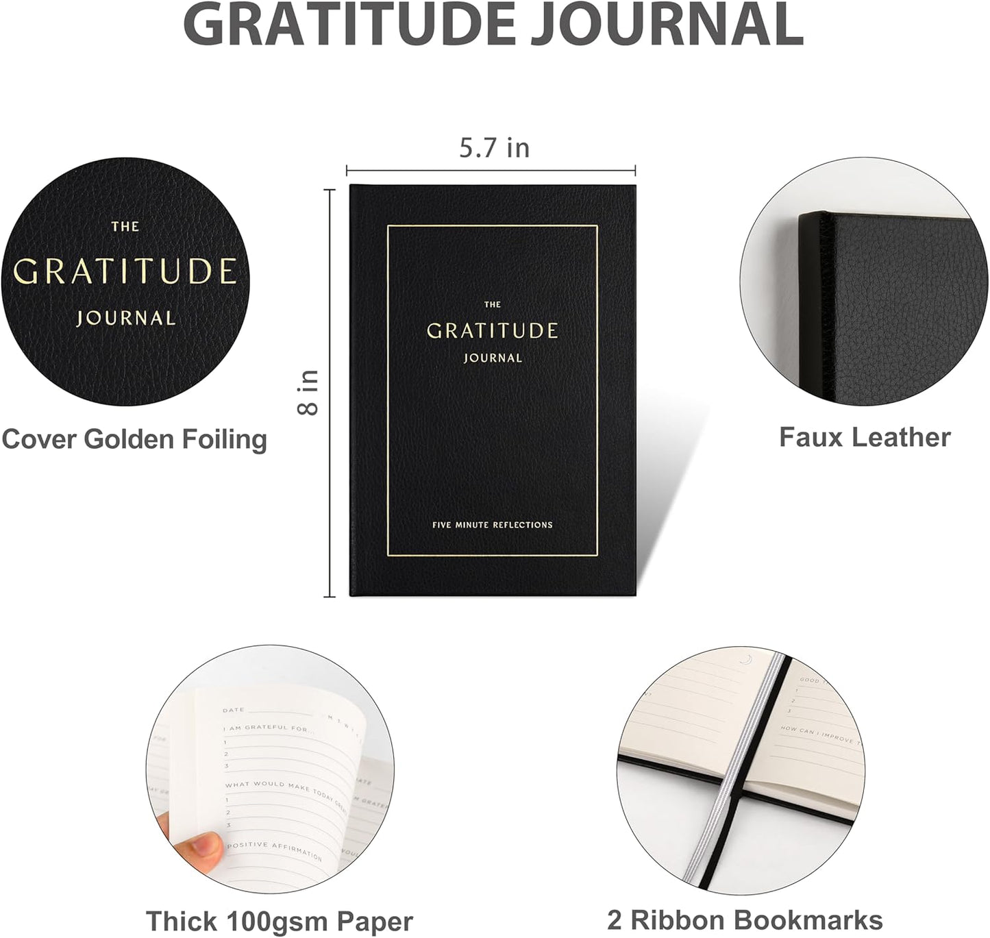 Gratitude Journal for Women - 5 Minute Daily Mindfulness Practice with Prompts & Quotes | Undated Bold Black Notebook