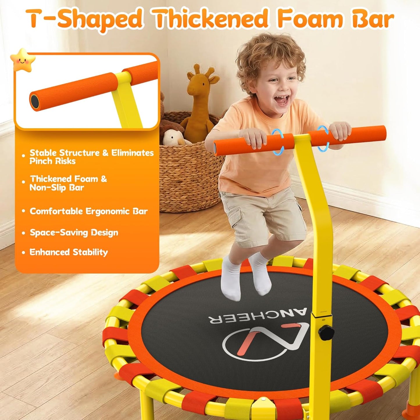 Ancheer 38'' Toddler Trampoline - Mini Trampoline for Kids 1-6 | Adjustable Handle, Foldable Design
