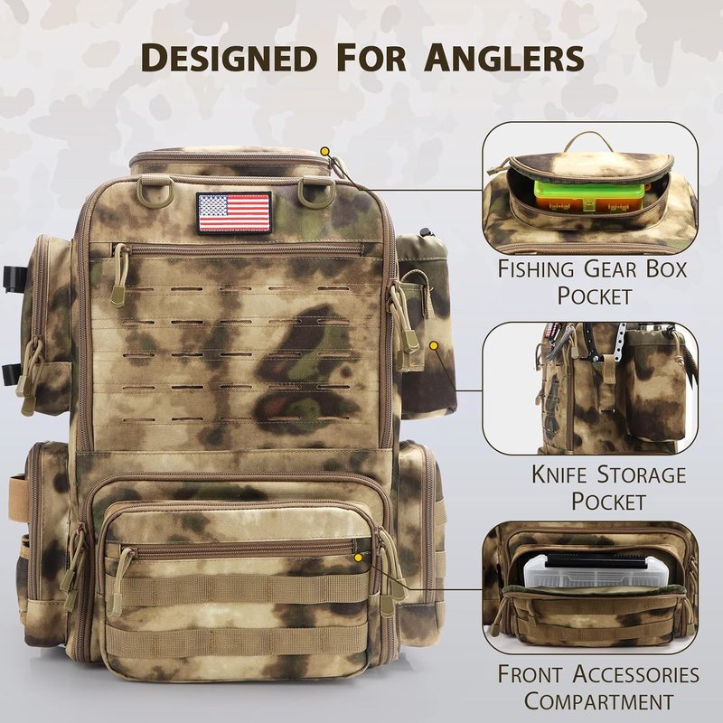 Fishing Tackle Backpack - Waterproof 45L Gear Bag with Rod Holders | Large Sahara Khaki Camo