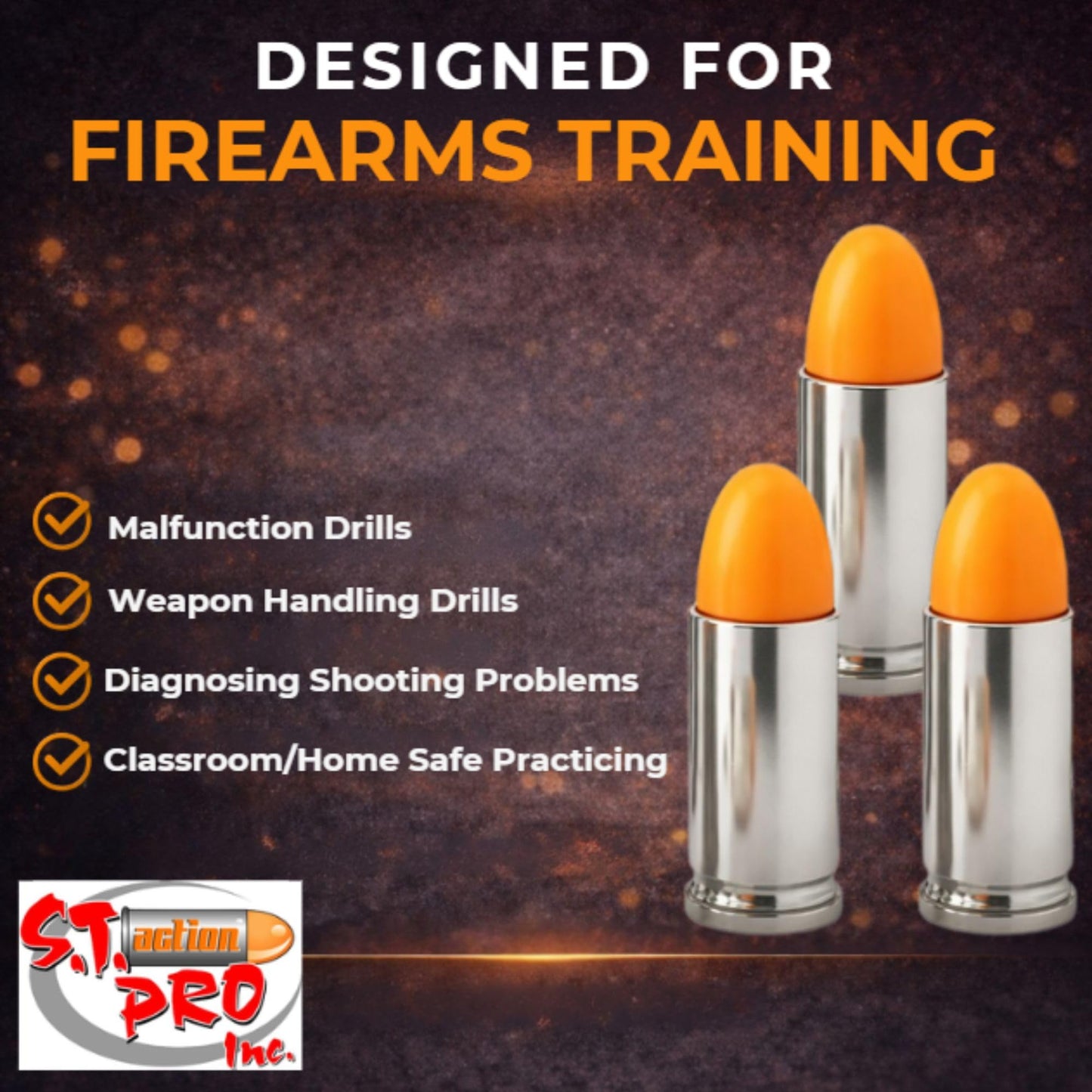 S.T. Action Pro 9mm Snap Caps - 20-Pack Inert Dummy Rounds for Dry Fire, Reloading & Malfunction Drills, Nickel Casing, Orange UV Insert, Veteran-Owned, Assembled in USA