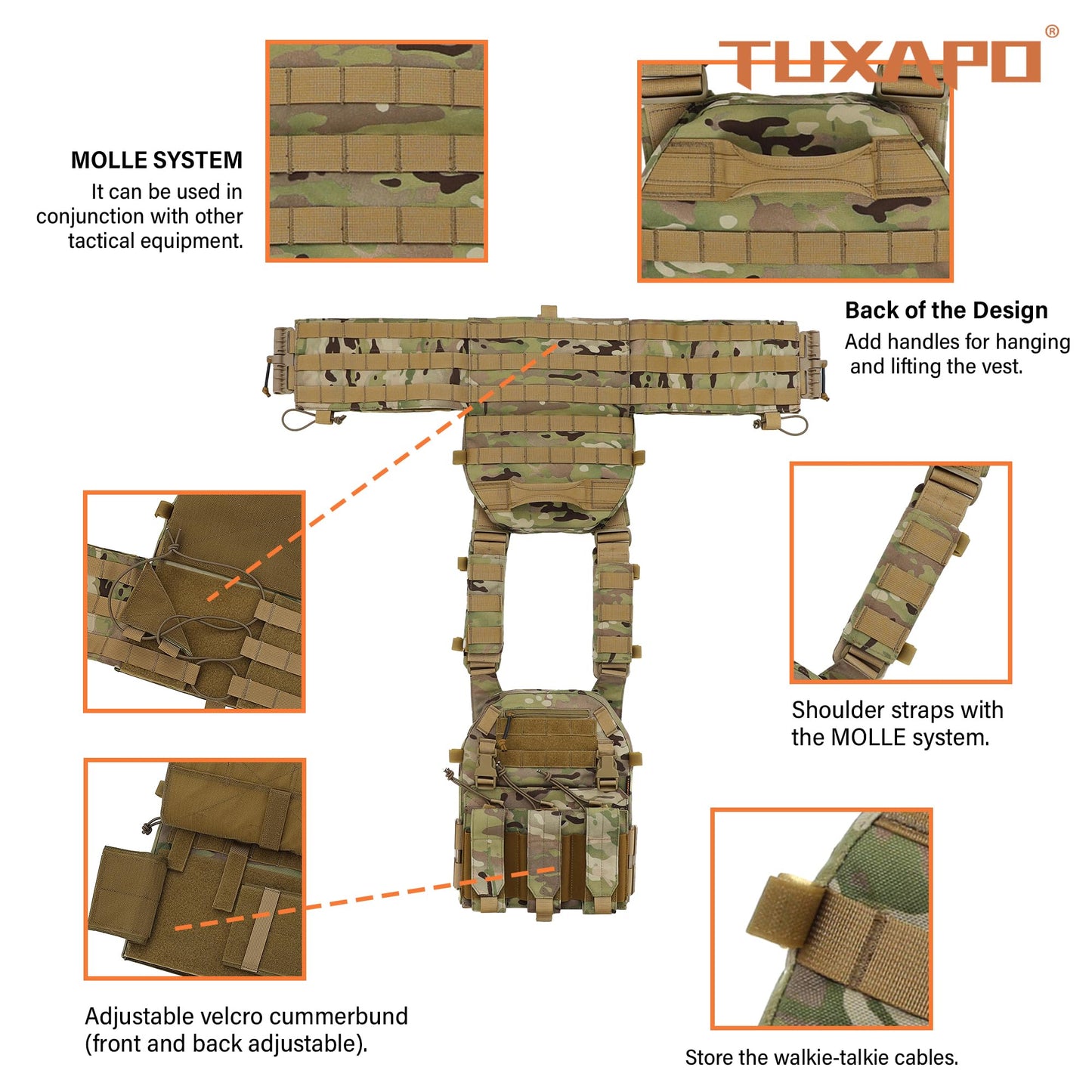 Tuxapo Tactical MOLLE Vests with Triple mag Pouch and Side Cummerbund Pouches, Quick Release Vests for Men