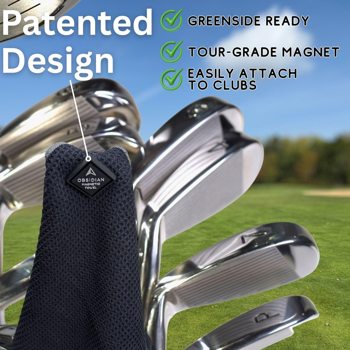 Clean Balls Go Further Magnetic Golf Towel (Greenside 18" x 18") with Hydro Pocket – Premium Full-Size Waffle Weave Stays Wet for Cleaning Clubs, Attaches to Clubs or Cart, Green-Side Ready (Black)